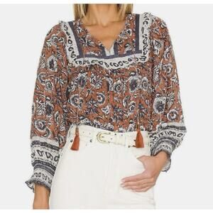 Cleobella Boho Floral S Peasant Blouse Rust Blue Artisan Folk Prairie Top Women